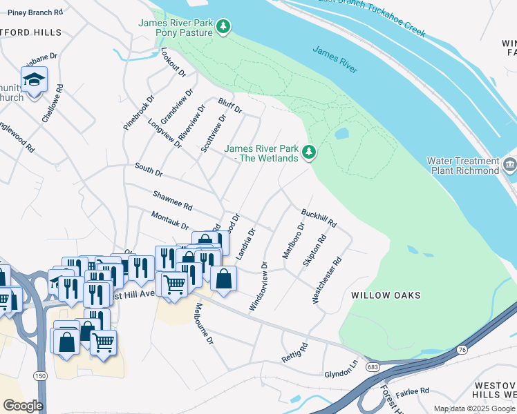 map of restaurants, bars, coffee shops, grocery stores, and more near 3222 Landria Drive in Richmond