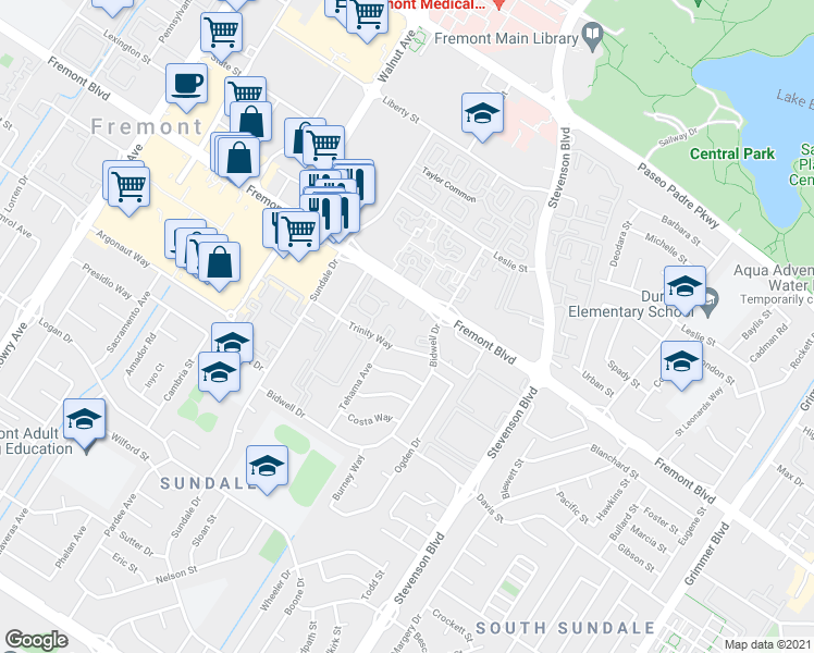 map of restaurants, bars, coffee shops, grocery stores, and more near 4095 Murray Common in Fremont