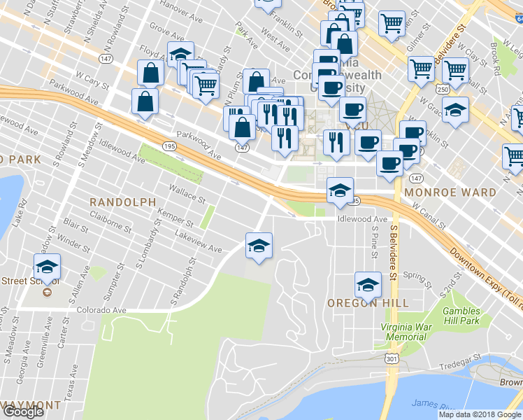 map of restaurants, bars, coffee shops, grocery stores, and more near 306 South Harrison Street in Richmond