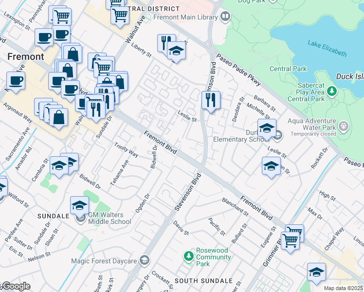 map of restaurants, bars, coffee shops, grocery stores, and more near 3909 Stevenson Boulevard in Fremont