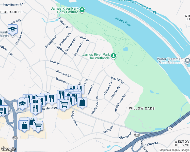 map of restaurants, bars, coffee shops, grocery stores, and more near 3222 Landria Drive in Richmond