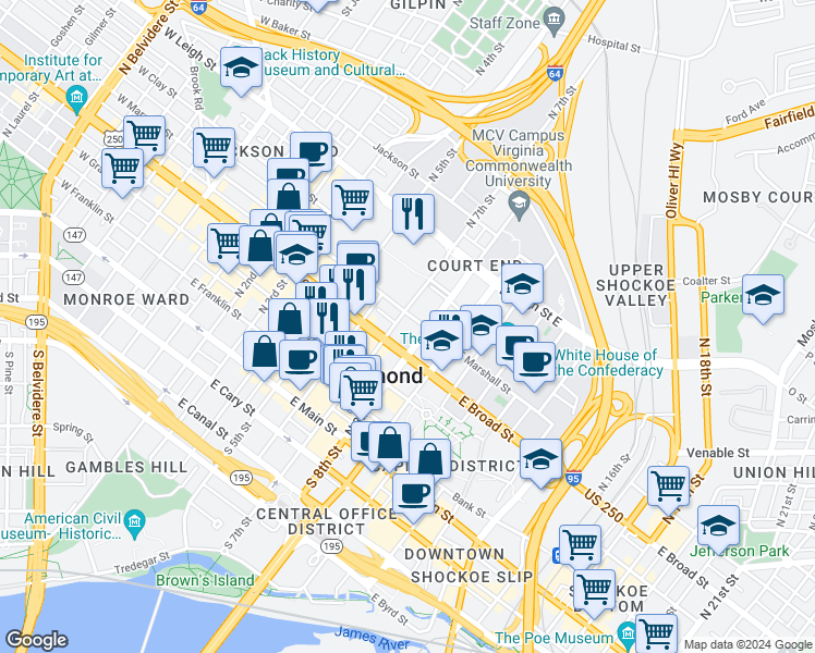 map of restaurants, bars, coffee shops, grocery stores, and more near 311 North 7th Street in Richmond