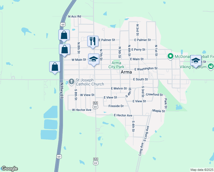 map of restaurants, bars, coffee shops, grocery stores, and more near 148-198 South 6th Street in Arma