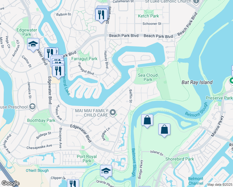map of restaurants, bars, coffee shops, grocery stores, and more near 604 San Nicholas Lane in Foster City