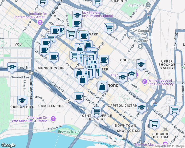 map of restaurants, bars, coffee shops, grocery stores, and more near 411 East Grace Street in Richmond