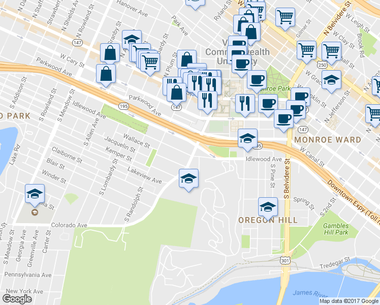 map of restaurants, bars, coffee shops, grocery stores, and more near 306 South Harrison Street in Richmond