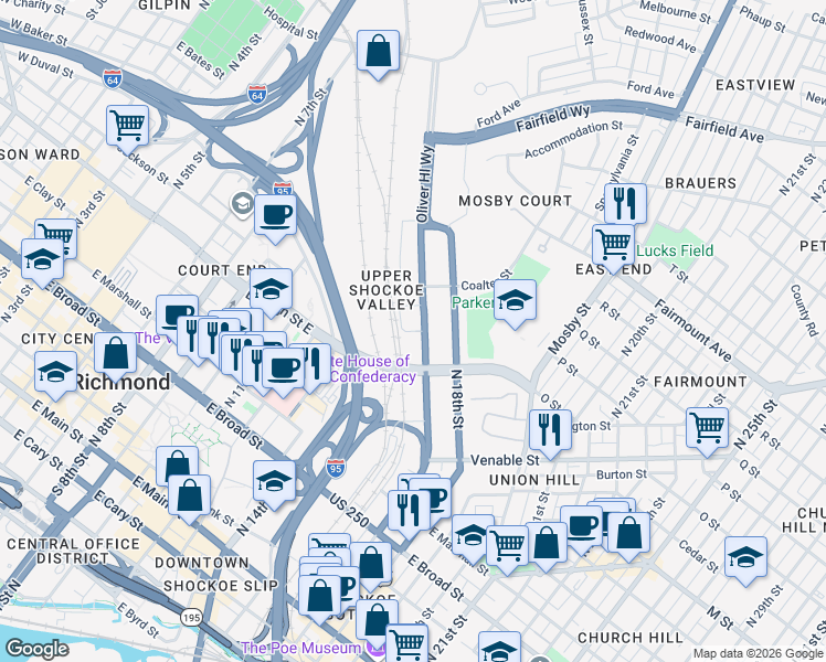 map of restaurants, bars, coffee shops, grocery stores, and more near 1001 Oliver Hill Way in Richmond