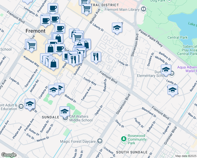 map of restaurants, bars, coffee shops, grocery stores, and more near 39792 Bissy Common in Fremont