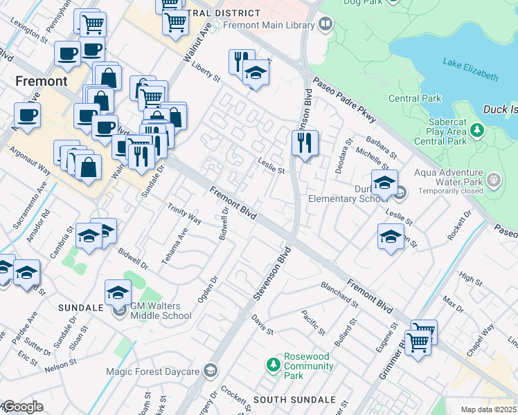 map of restaurants, bars, coffee shops, grocery stores, and more near 39810 Fremont Boulevard in Fremont