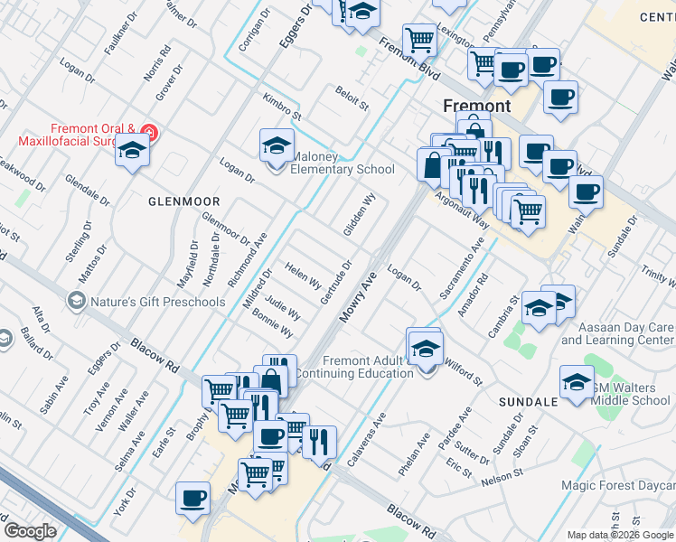 map of restaurants, bars, coffee shops, grocery stores, and more near 4584 Gertrude Drive in Fremont
