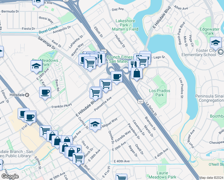 map of restaurants, bars, coffee shops, grocery stores, and more near 413 Poinsettia Avenue in San Mateo