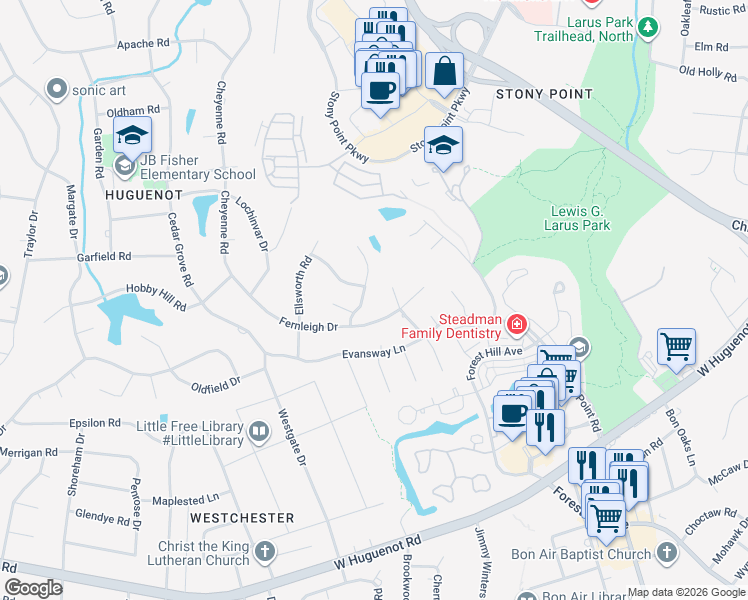 map of restaurants, bars, coffee shops, grocery stores, and more near 3311 Northridge Road in Richmond