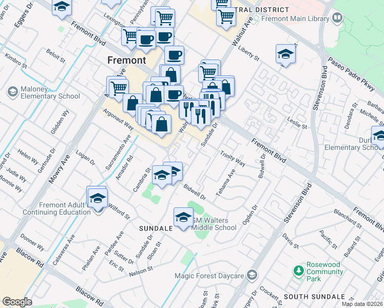 map of restaurants, bars, coffee shops, grocery stores, and more near 39161 Sundale Drive in Fremont