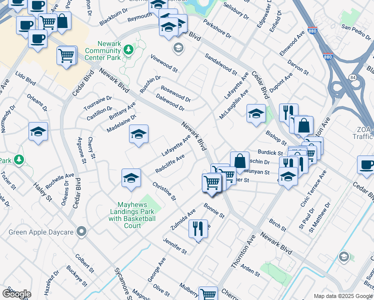 map of restaurants, bars, coffee shops, grocery stores, and more near 6025 Radcliffe Avenue in Newark