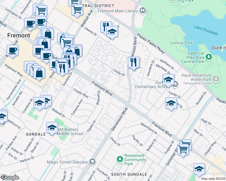 map of restaurants, bars, coffee shops, grocery stores, and more near 39810 Fremont Boulevard in Fremont