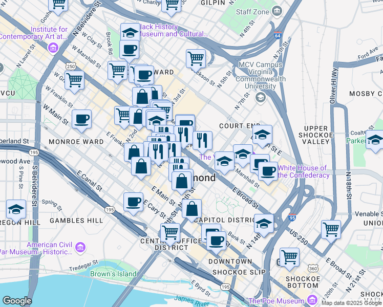 map of restaurants, bars, coffee shops, grocery stores, and more near 600 East Broad Street in Richmond