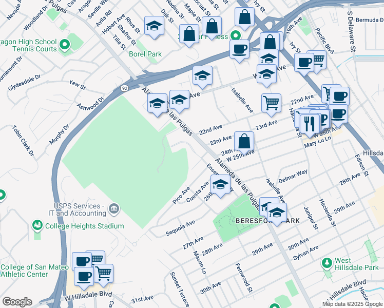 map of restaurants, bars, coffee shops, grocery stores, and more near 2224 Ensenada Way in San Mateo