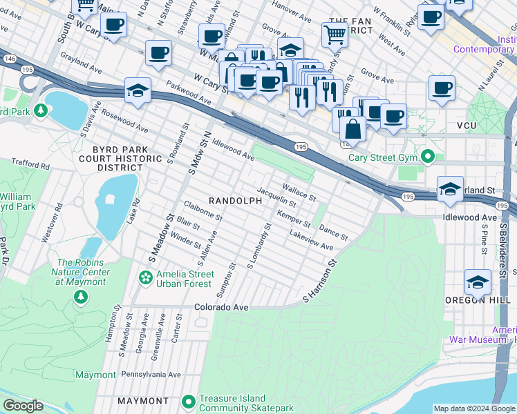 map of restaurants, bars, coffee shops, grocery stores, and more near 1617 Kemper Street in Richmond