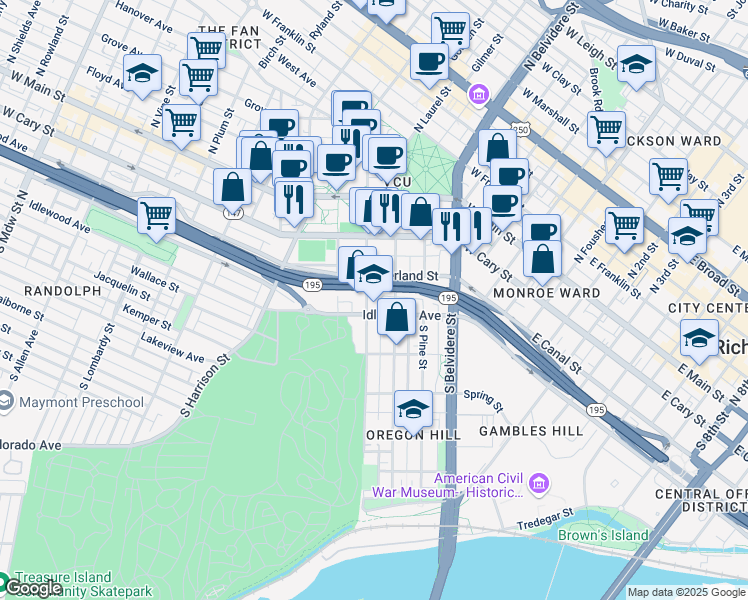 map of restaurants, bars, coffee shops, grocery stores, and more near 227 South Cherry Street in Richmond