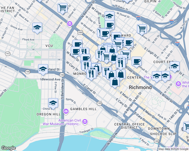 map of restaurants, bars, coffee shops, grocery stores, and more near 4 South 1st Street in Richmond
