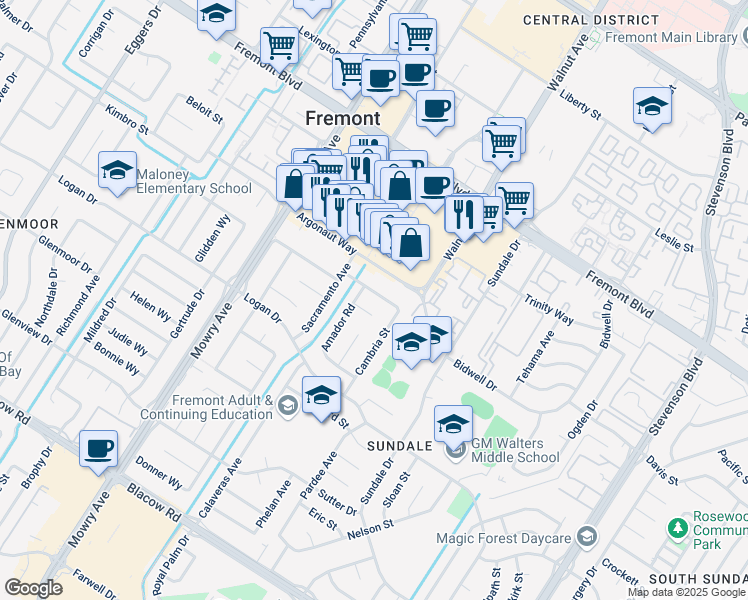 map of restaurants, bars, coffee shops, grocery stores, and more near 39346 Ide Court in Fremont