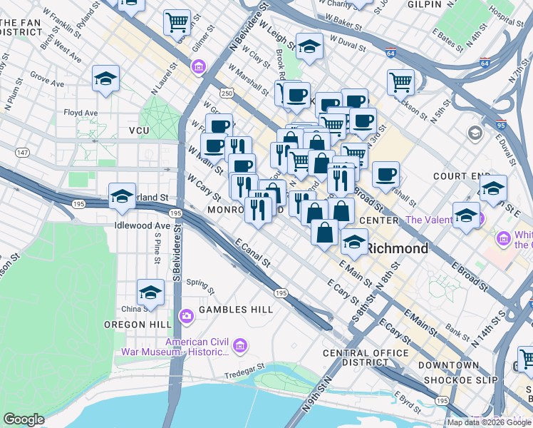 map of restaurants, bars, coffee shops, grocery stores, and more near 3 South 1st Street in Richmond
