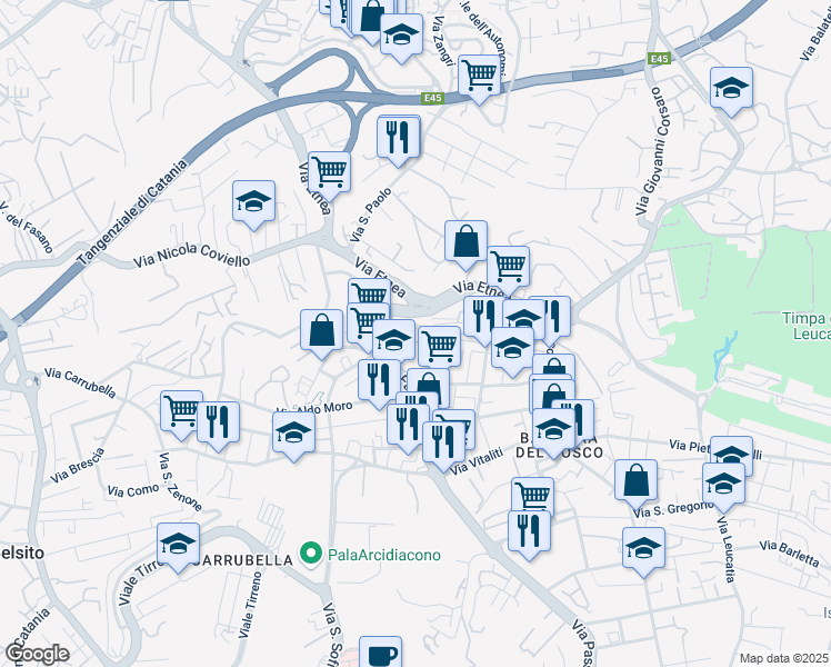 map of restaurants, bars, coffee shops, grocery stores, and more near 14 Via Freri Antonello in Catania