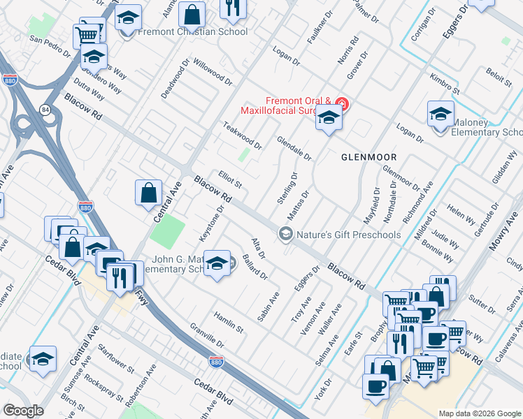 map of restaurants, bars, coffee shops, grocery stores, and more near 4998 Sterling Drive in Fremont