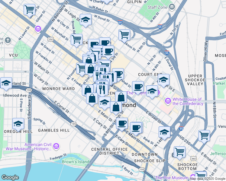 map of restaurants, bars, coffee shops, grocery stores, and more near 230 North 6th Street in Richmond