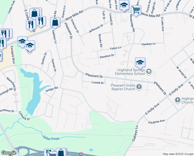 map of restaurants, bars, coffee shops, grocery stores, and more near 913 Pleasant Street in Richmond