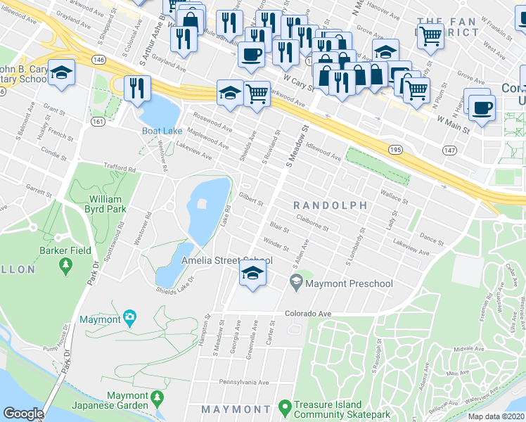 map of restaurants, bars, coffee shops, grocery stores, and more near 2000 Walker Street in Richmond