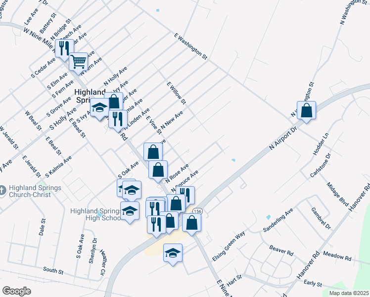 map of restaurants, bars, coffee shops, grocery stores, and more near 110 North Rose Avenue in Highland Springs