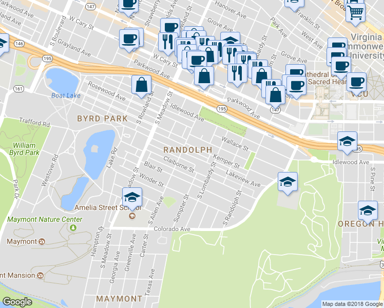 map of restaurants, bars, coffee shops, grocery stores, and more near 1712 Lakeview Avenue in Richmond