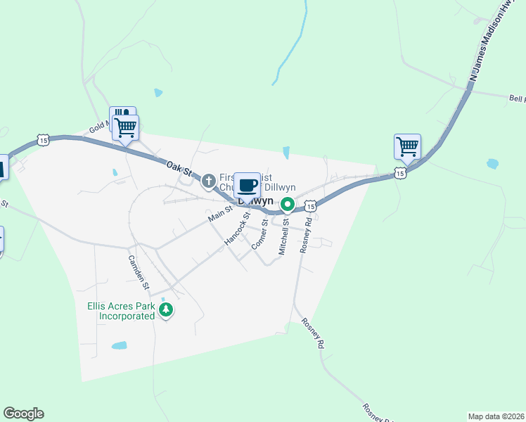 map of restaurants, bars, coffee shops, grocery stores, and more near 1046 Main Street in Dillwyn