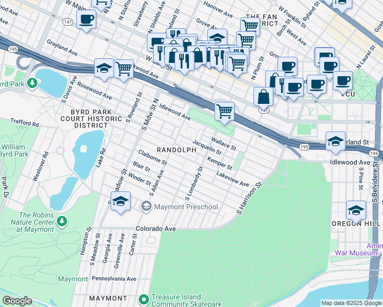 map of restaurants, bars, coffee shops, grocery stores, and more near 1621 Kemper Street in Richmond