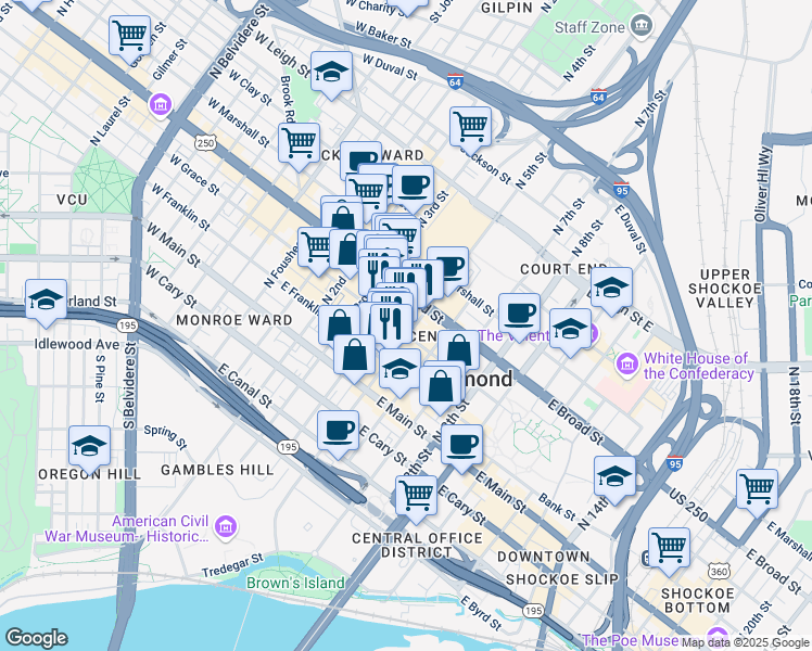 map of restaurants, bars, coffee shops, grocery stores, and more near 420 East Grace Street in Richmond
