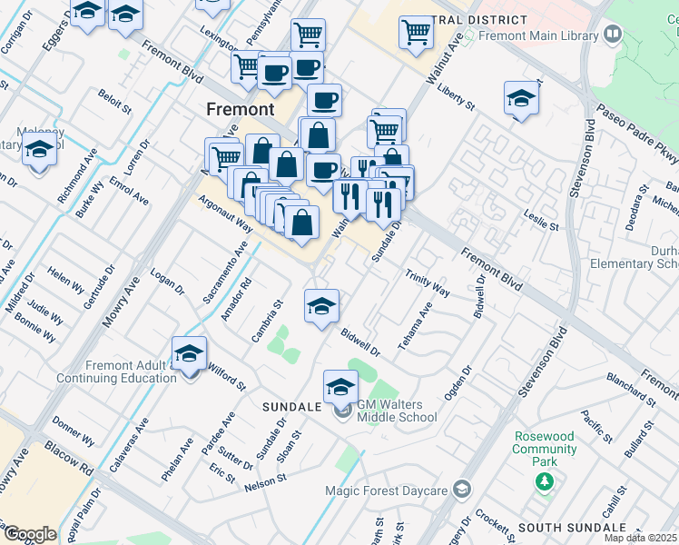 map of restaurants, bars, coffee shops, grocery stores, and more near 39438 Stratton Common in Fremont