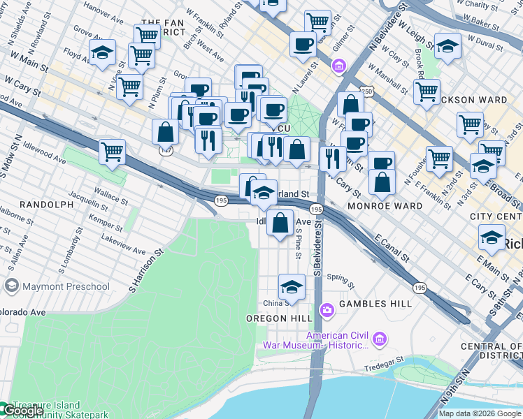 map of restaurants, bars, coffee shops, grocery stores, and more near 227 South Cherry Street in Richmond