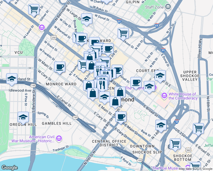 map of restaurants, bars, coffee shops, grocery stores, and more near in Richmond