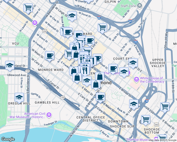 map of restaurants, bars, coffee shops, grocery stores, and more near 420 East Grace Street in Richmond