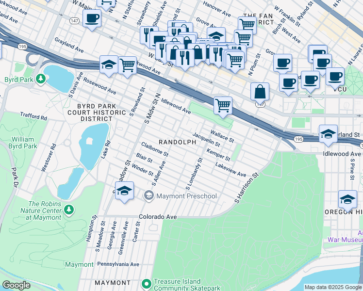 map of restaurants, bars, coffee shops, grocery stores, and more near 1712 Lakeview Avenue in Richmond