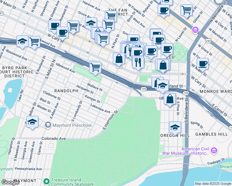 map of restaurants, bars, coffee shops, grocery stores, and more near 1309 Idlewood Avenue in Richmond