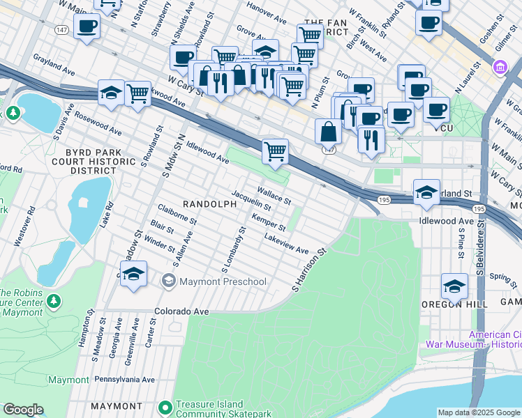map of restaurants, bars, coffee shops, grocery stores, and more near 1517 Jacquelin Street in Richmond
