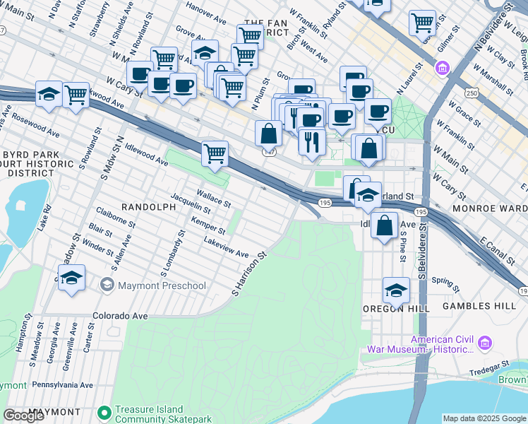 map of restaurants, bars, coffee shops, grocery stores, and more near 1303 Idlewood Avenue in Richmond