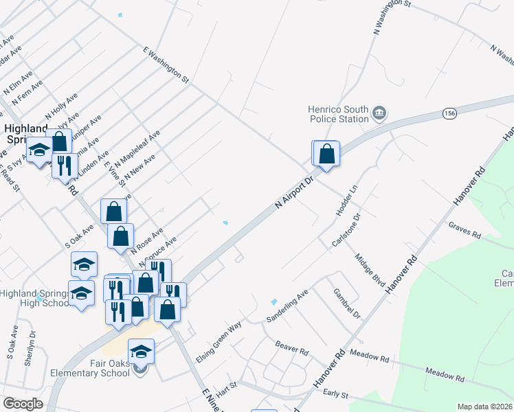 map of restaurants, bars, coffee shops, grocery stores, and more near 430 North Airport Drive in Highland Springs