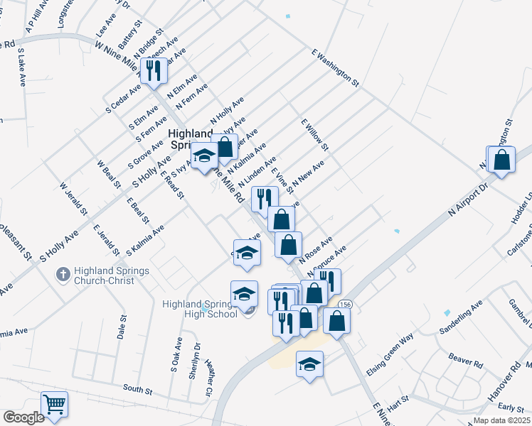 map of restaurants, bars, coffee shops, grocery stores, and more near 606 East 9 Mile Road in Highland Springs
