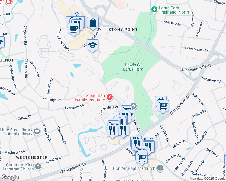 map of restaurants, bars, coffee shops, grocery stores, and more near 3127 Stony Point Road in Richmond