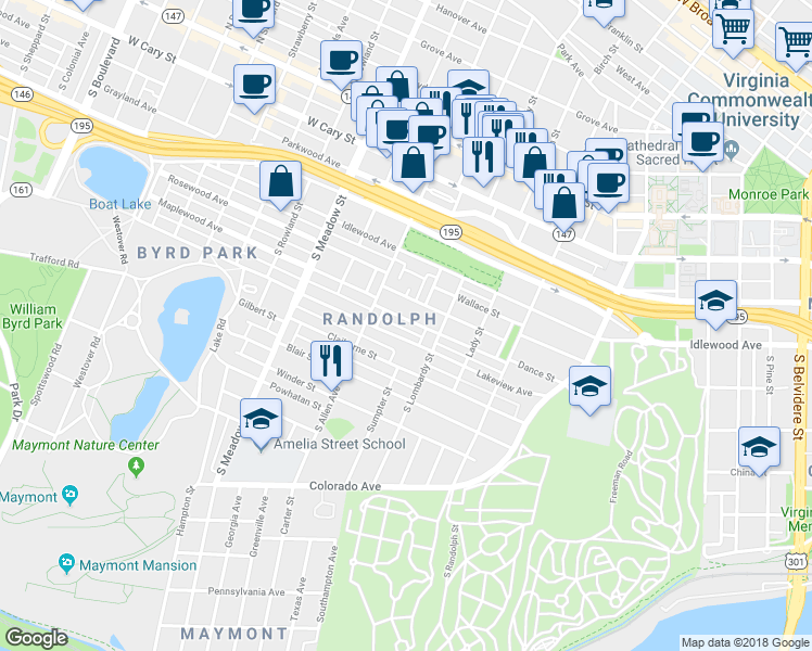 map of restaurants, bars, coffee shops, grocery stores, and more near 1625 Kemper Street in Richmond