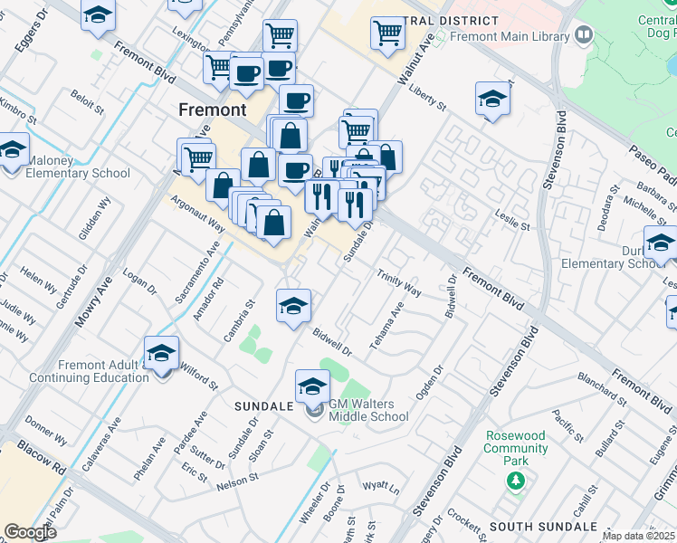 map of restaurants, bars, coffee shops, grocery stores, and more near 39589 Ross Common in Fremont