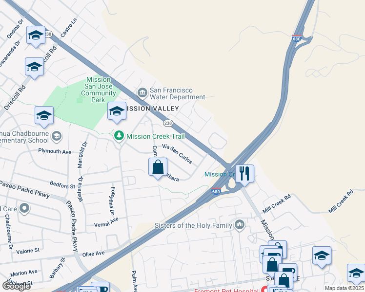 map of restaurants, bars, coffee shops, grocery stores, and more near 41997 Via San Gabriel in Fremont